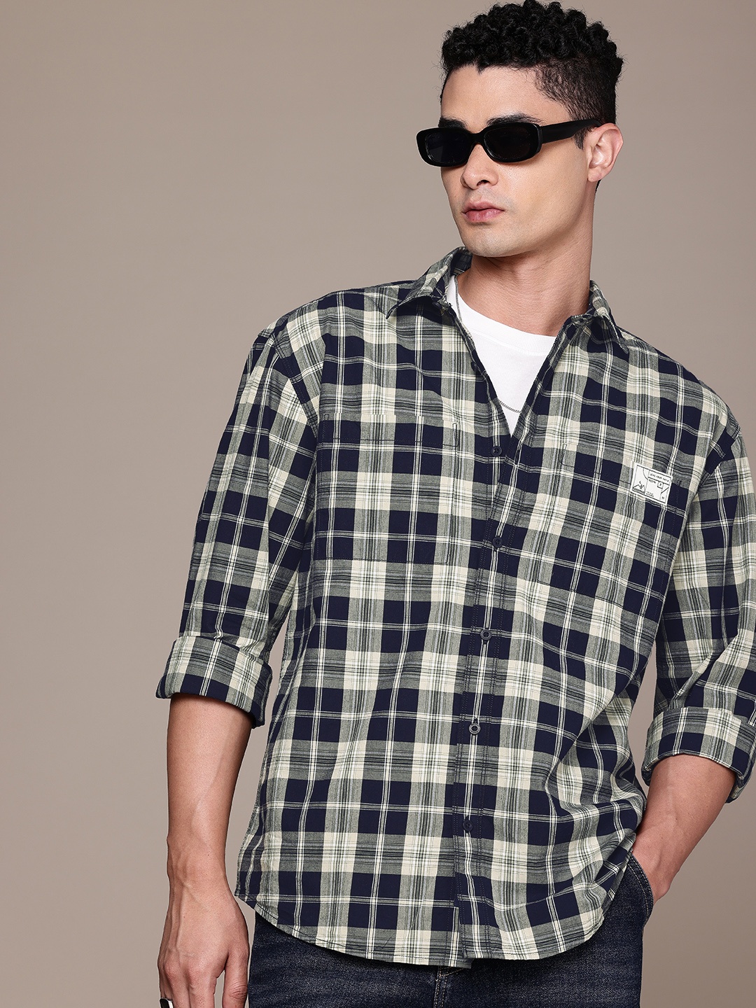 

The Roadster Life Co. Pure Cotton Opaque Checked Relaxed Fit Casual Shirt, Navy blue