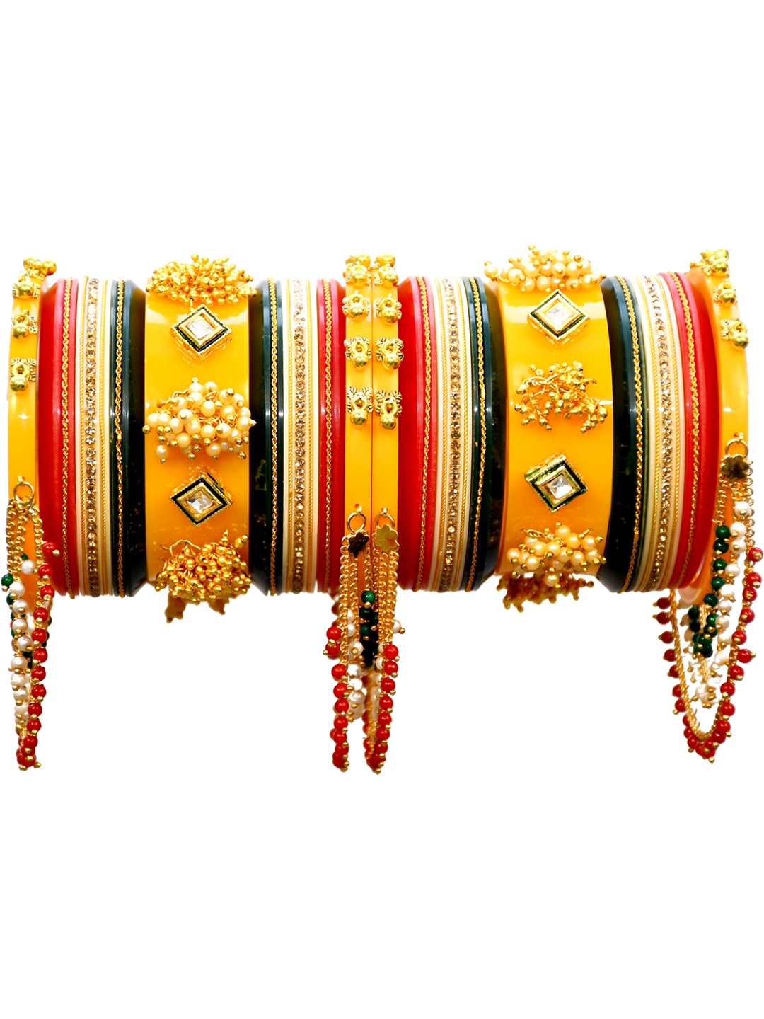 

Zindura Set Of 2 Gold-Plated Stone Studded & Beaded Chuda Bangles, Yellow