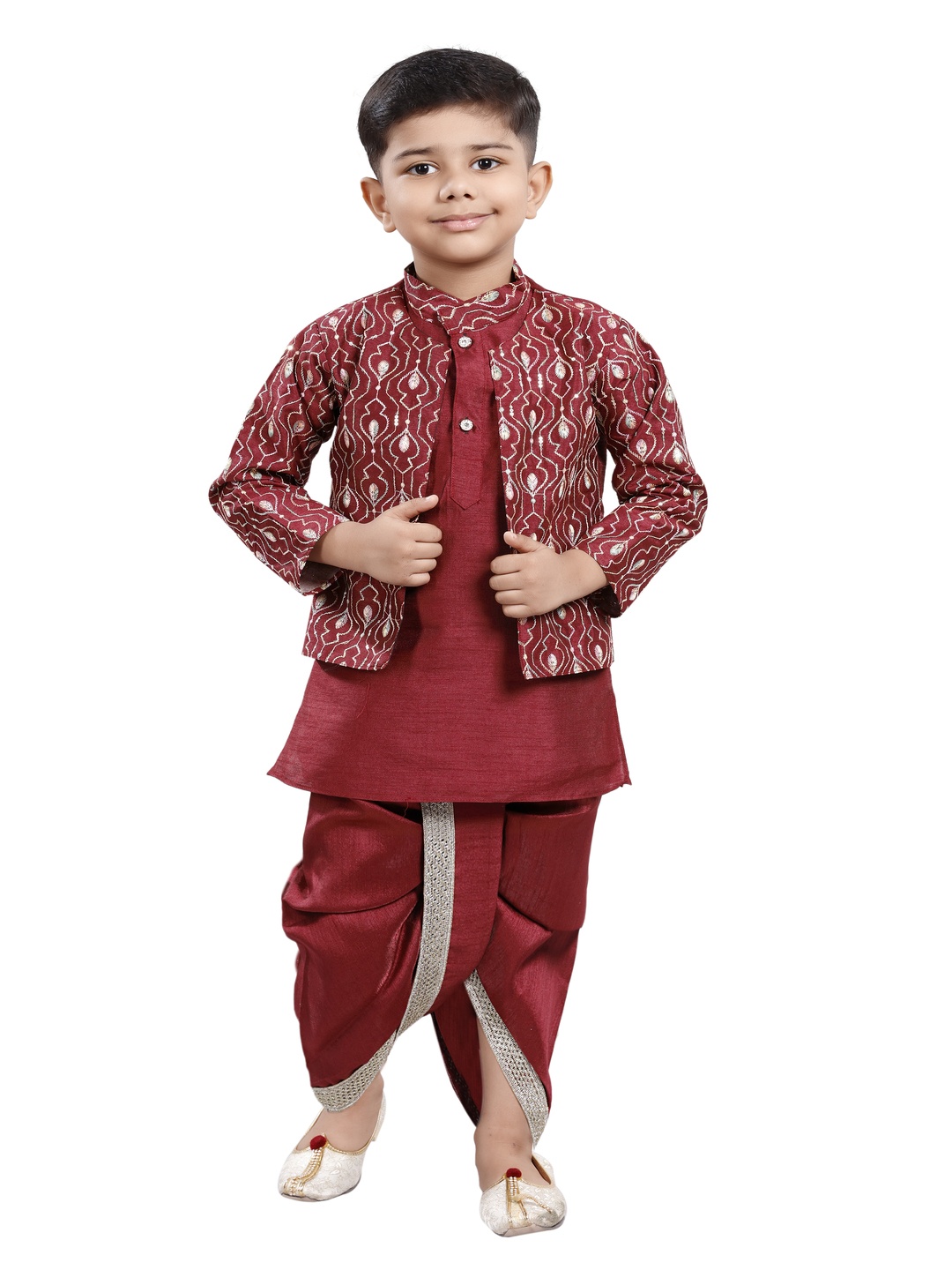 

BAESD Boys Mandarin Collar Kurta with Dhoti Pants & Jacket, Red