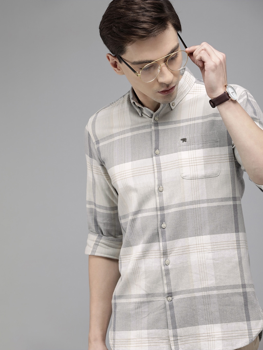 

THE BEAR HOUSE Men Grey Slim Fit Pure Cotton Checked Casual Shirt