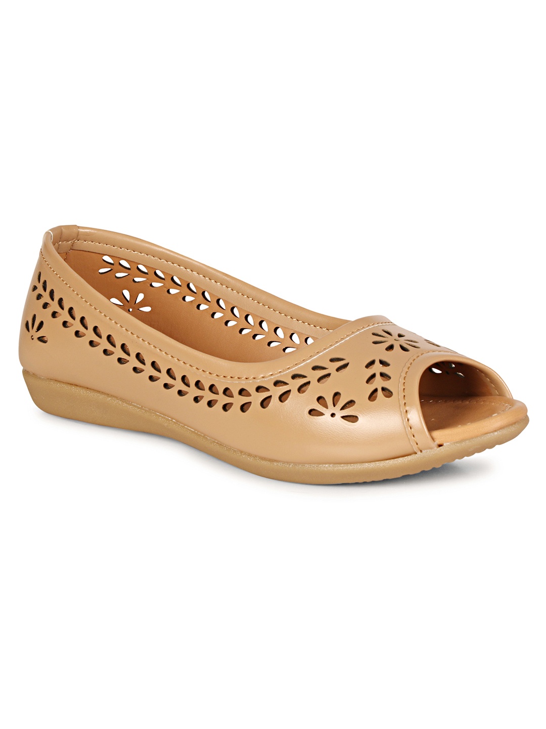 

FOOTSHEZ Women Peep Toe Ballerinas with Laser Cuts Flats, Beige