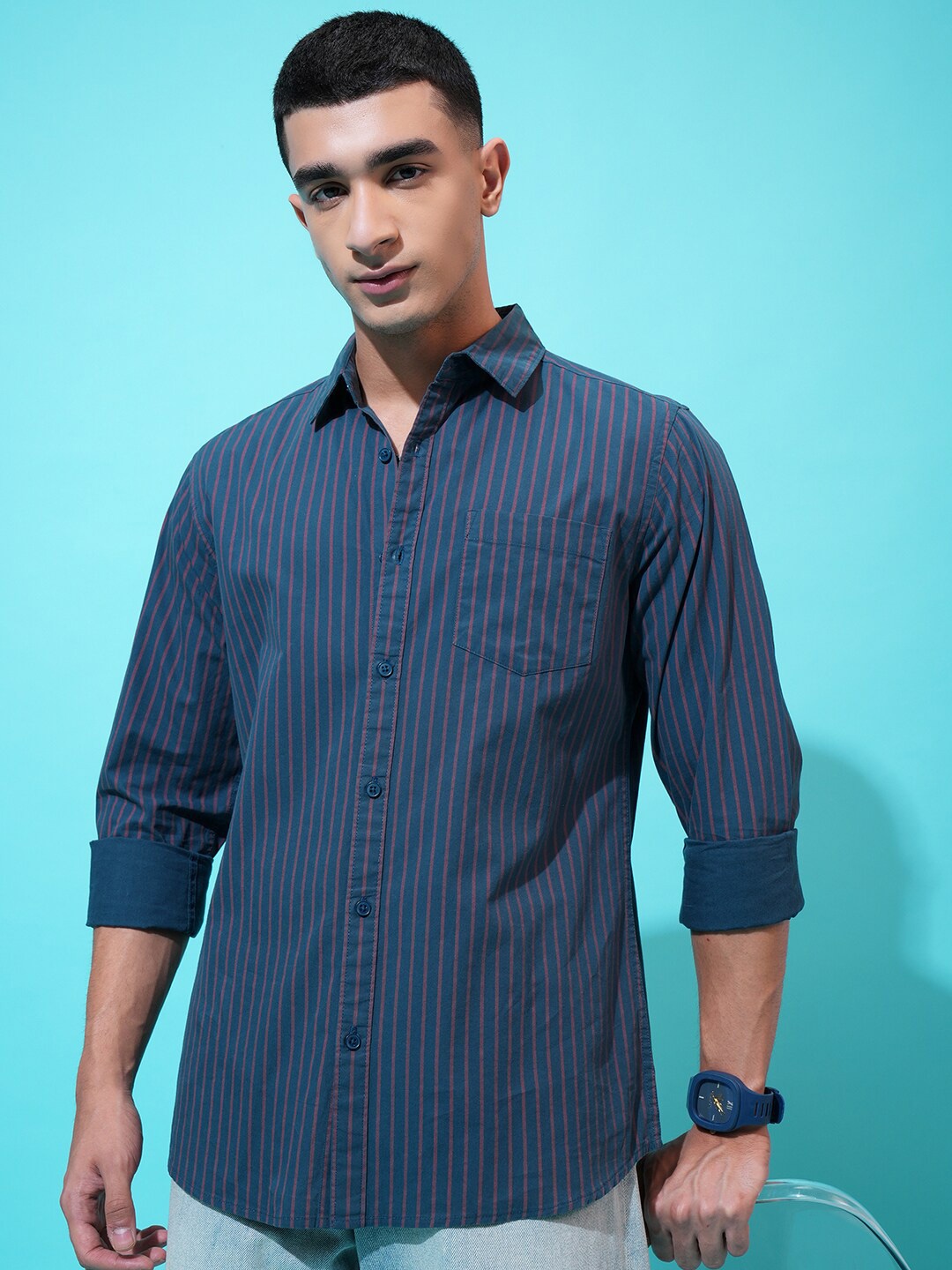 

HIGHLANDER Striped Slim Fit Casual Shirt, Teal