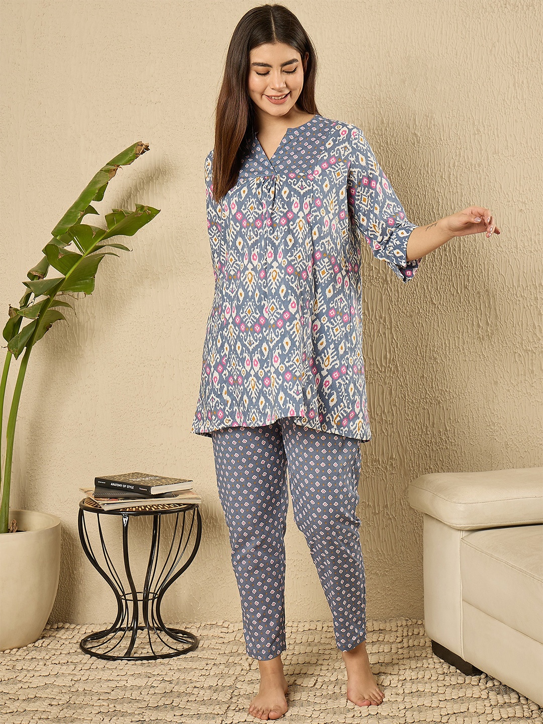 

July Women Pure Cotton Printed Night suit, Blue