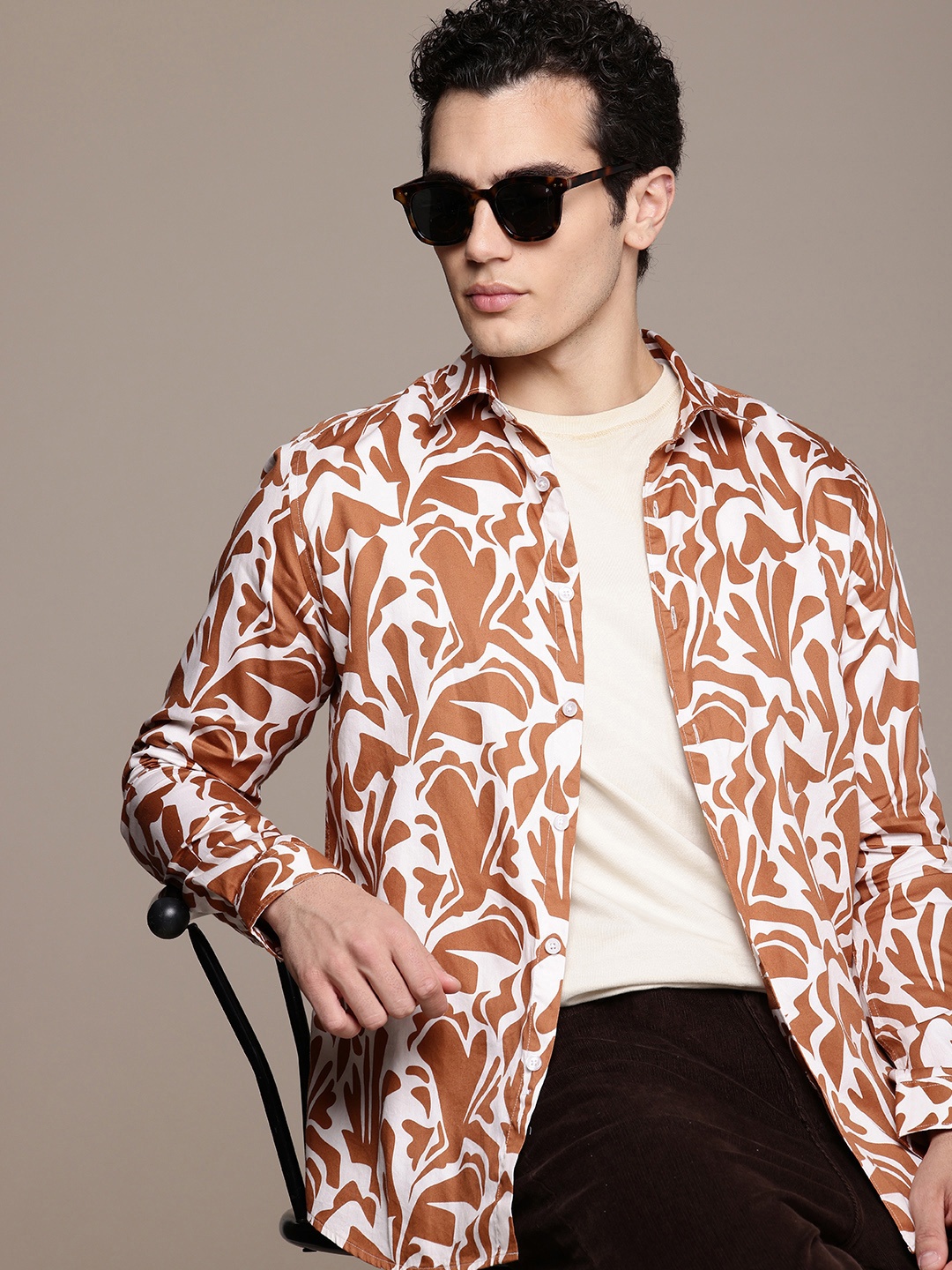 

French Connection Slim Fit Abstract Printed Pure Cotton Casual Shirt, White
