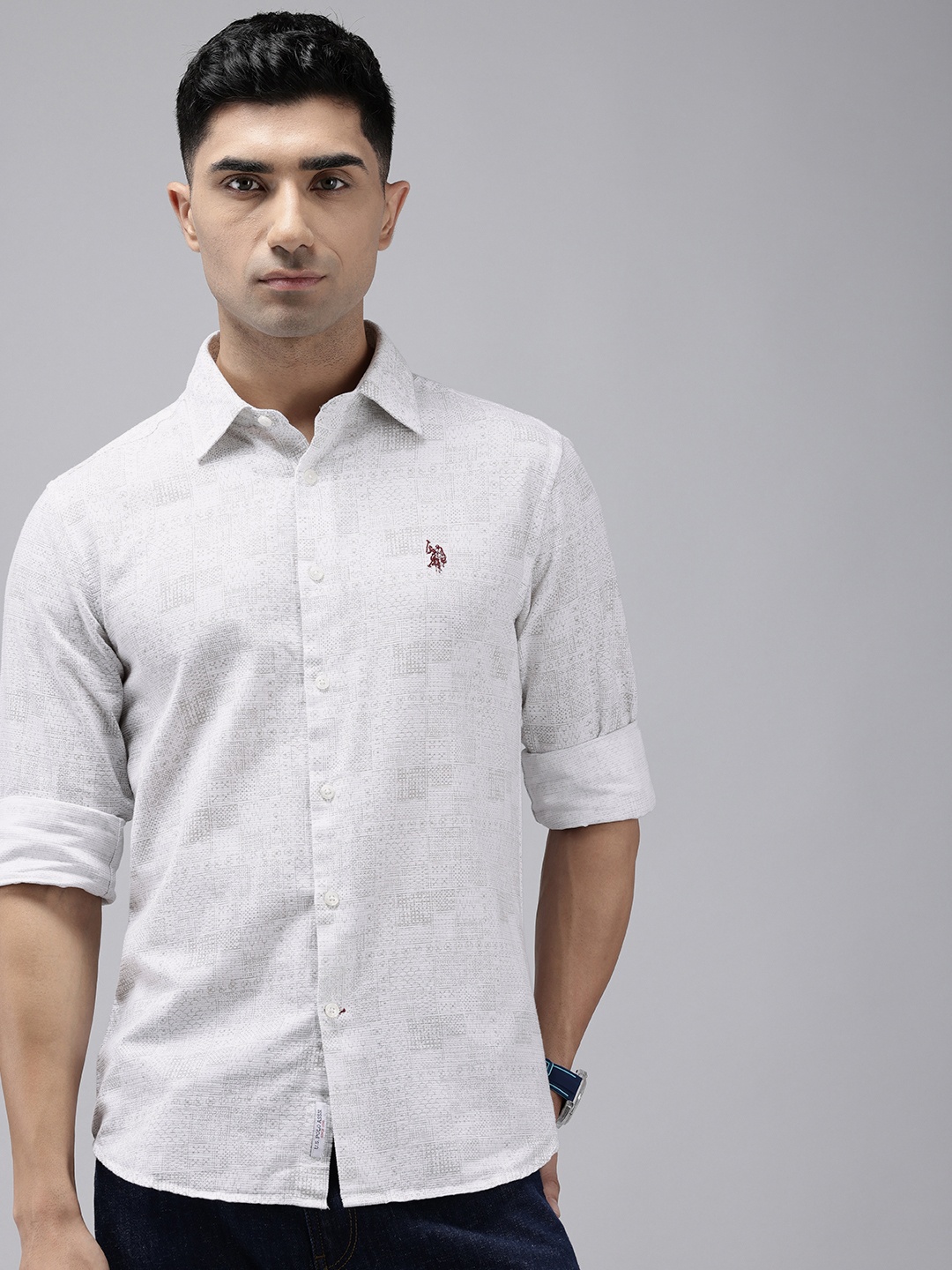 

U.S. Polo Assn. Pure Cotton Tailored Fit Textured Geometric Printed Casual Shirt, White