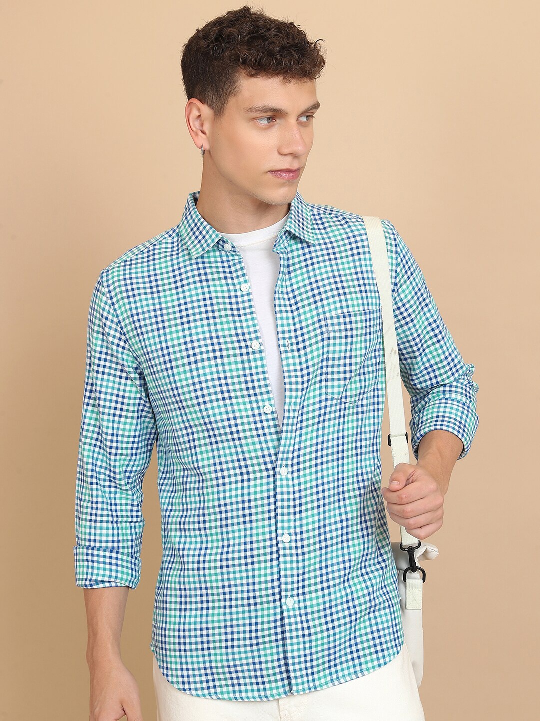 

HIGHLANDER Slim Fit Gingham Checks Casual Shirt, White