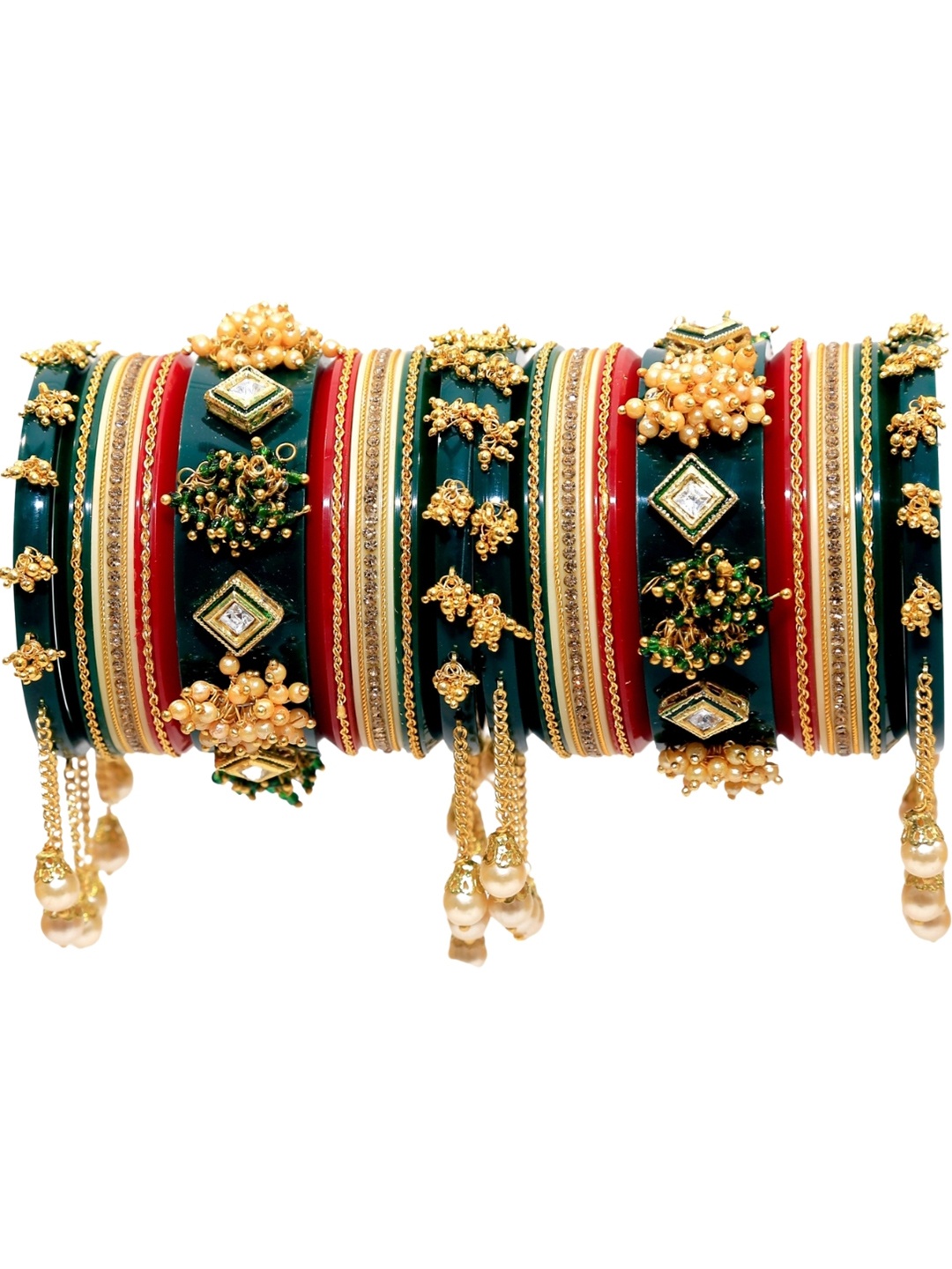 

Zindura Set Of 2 Gold-Plated Stones Studded & Pearl Beaded Chuda Bangles