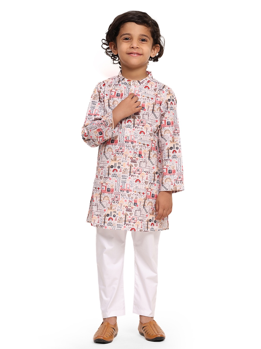 

Funny Bones Clothings Boys Car Printed Mandarin Collar Linen Straight Kurta With Pyjamas, Pink