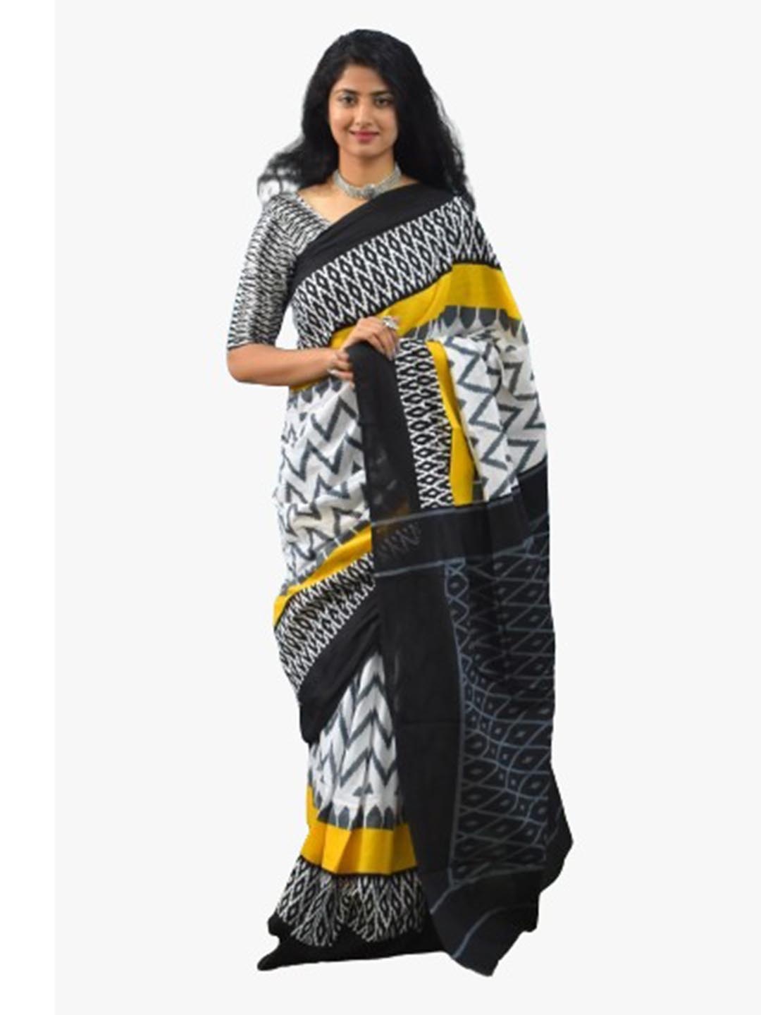 

TROPWEAR Ethnic Motifs Block Print Pure Cotton Saree, Yellow