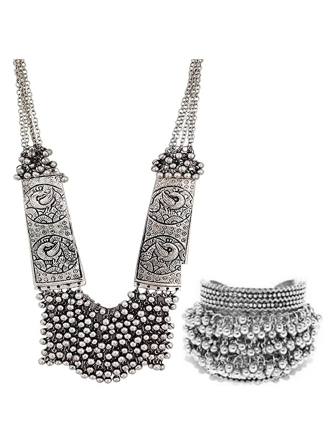 

JMBW INTERNATIONAL Silver-Plated Beaded Oxidised Jewellery Set