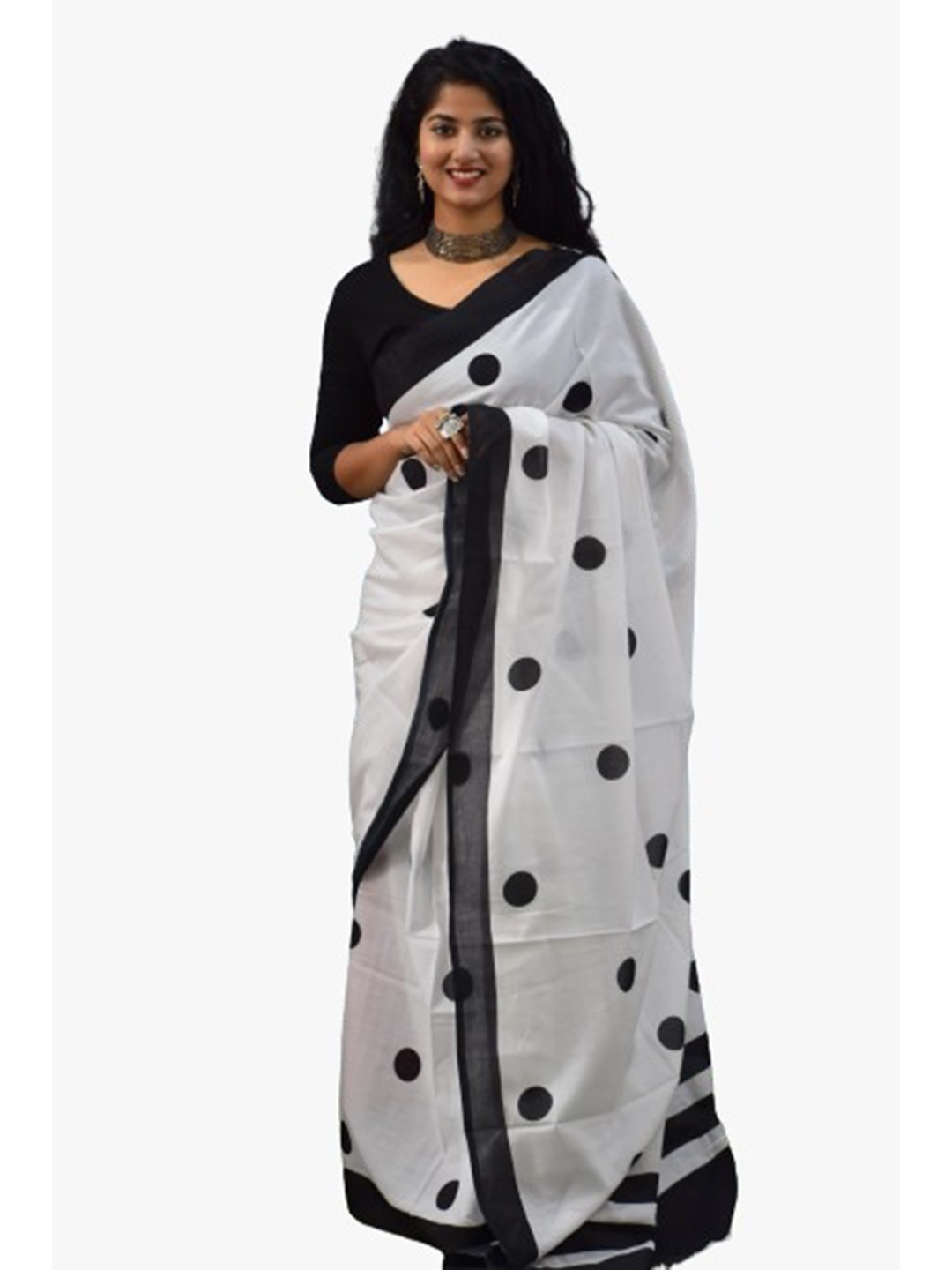 

clothonus Block Print Polka Dot Pure Cotton Saree, White