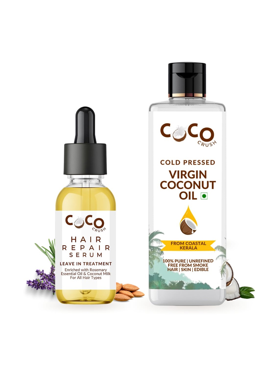 

Coco Crush Set Of 2 Cold Pressed Virgin Coconut Oil 100 ml & Hair Growth Serum- 30 ml, Transparent