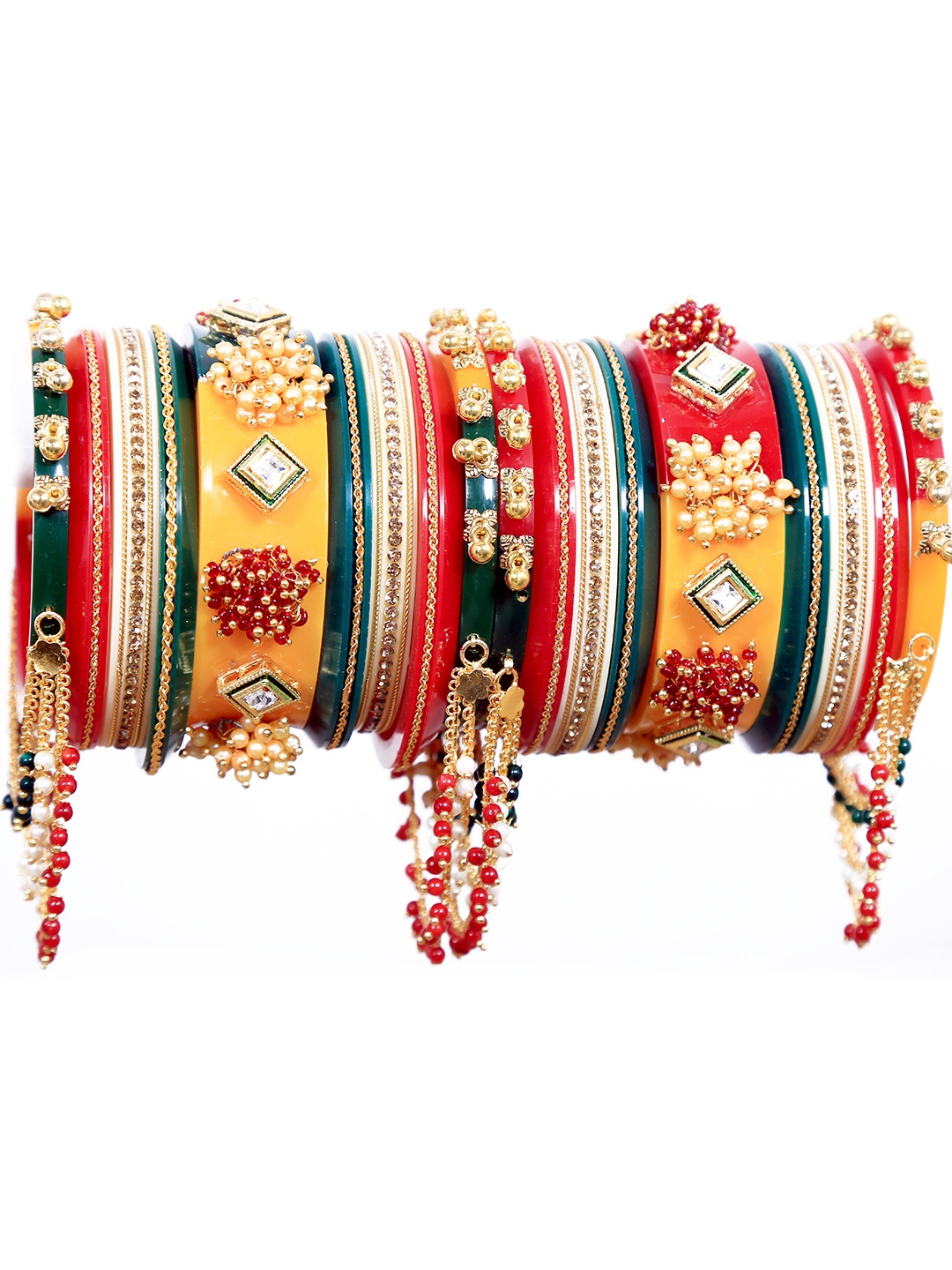 

Zindura Set Of 2 Gold-Plated Stones Studded & Pearl Beaded Chuda Bangles