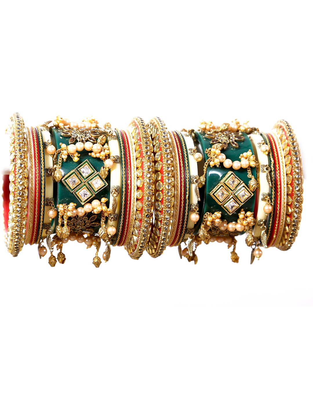 

Zindura Set Of 18 Gold Plated Artificial Stone Studded & Pearl Beaded Chuda Bangles