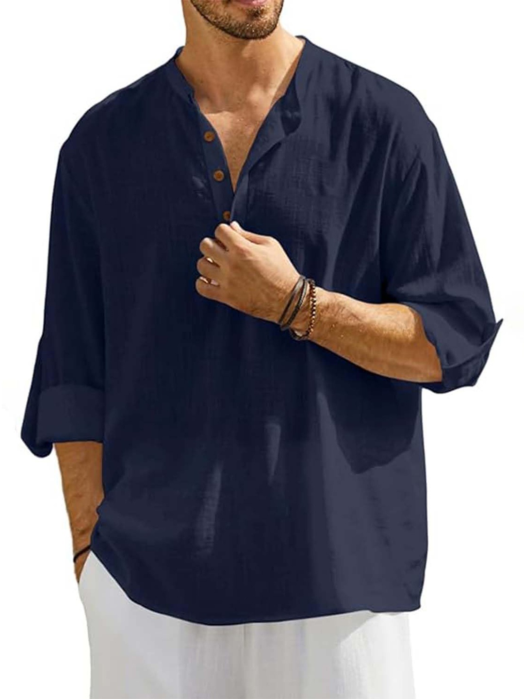 

EdinWolf Band Collar Roll-Up Sleeves Cotton Curved Kurta, Navy blue