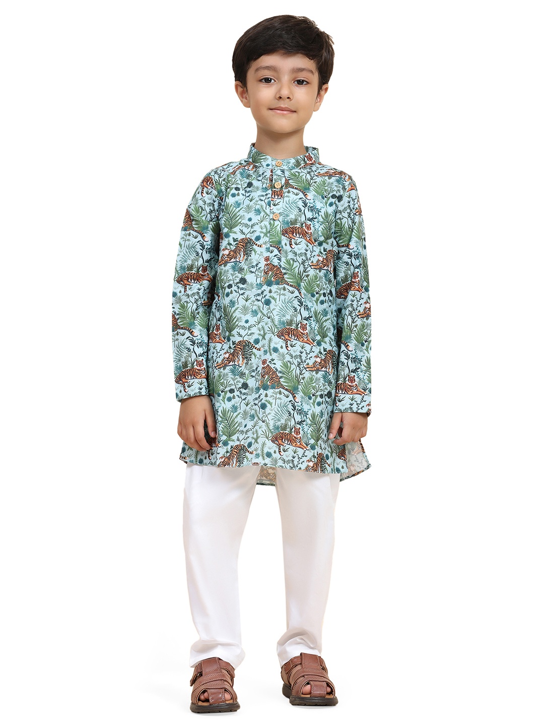 

Funny Bones Clothings Boys Animal Printed Mandarin Collar Linen Straight Kurta & Pyjamas, Blue