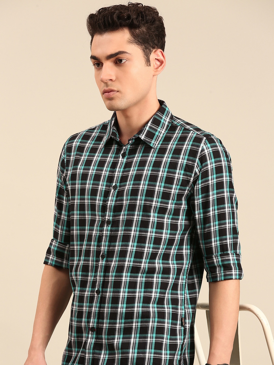 

Being Human Pure Cotton Slim Fit Checked Casual Shirt, Black