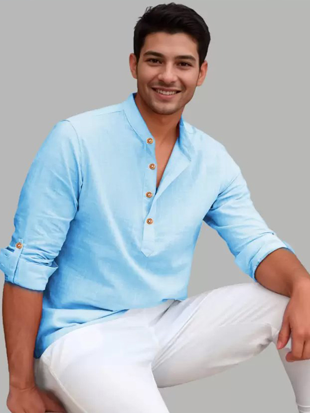 

LIFE ROADS Mandarin Collar Roll-Up Sleeves Wrinkle Free Pure Cotton Straight Short Kurta, Blue