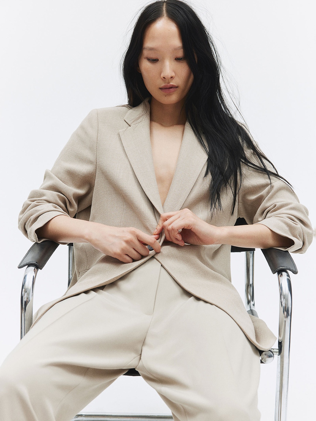 

H&M Gathered-Sleeve Blazer, Beige