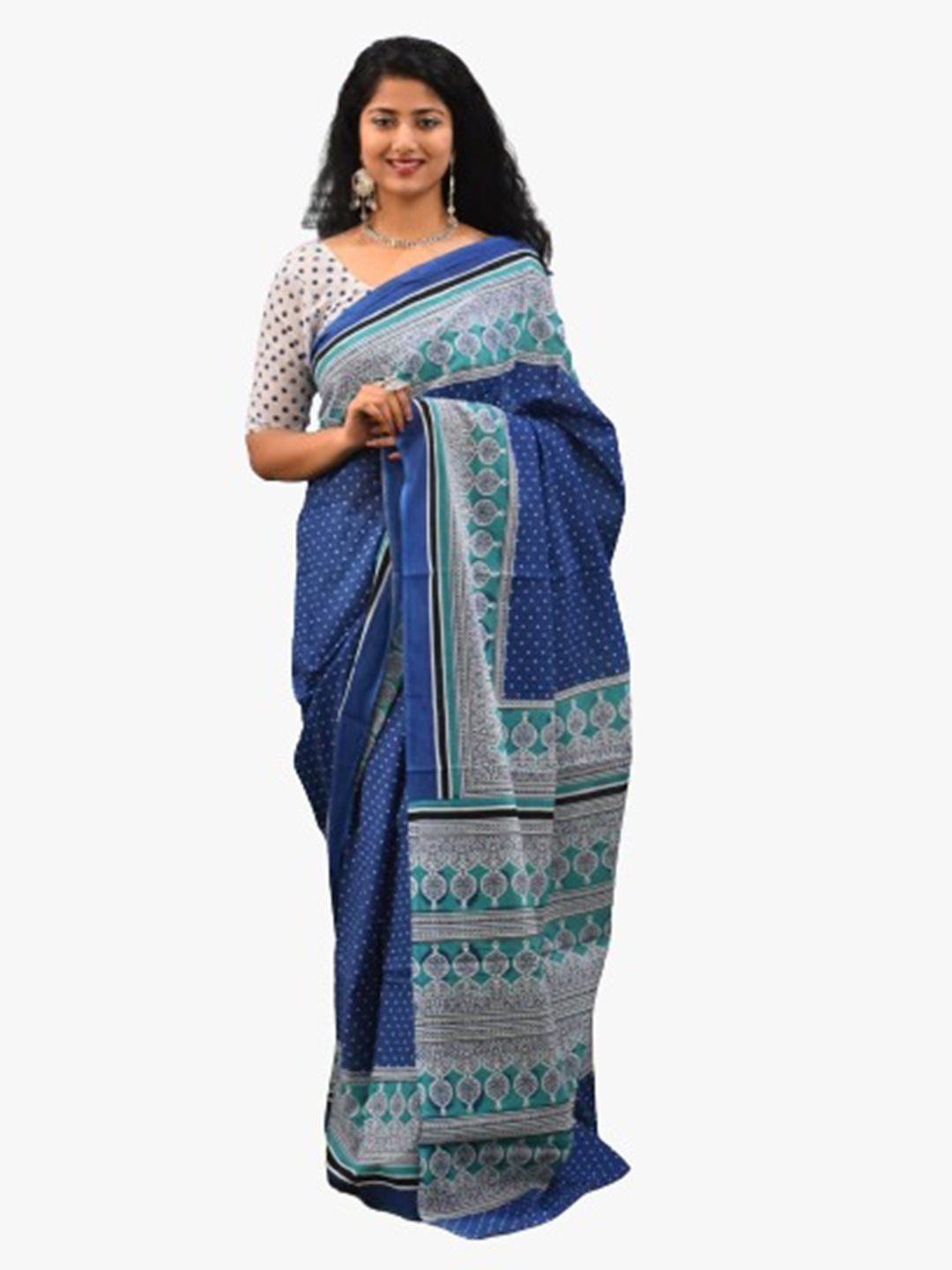 

clothonus Block Print Polka Dot Pure Cotton Saree, Blue