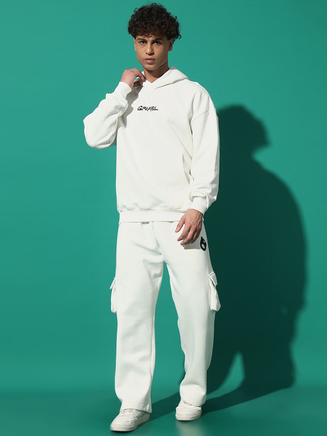 

GRIFFEL Men Printed Hooded Oversized Sweatshirt With Track Suits, White