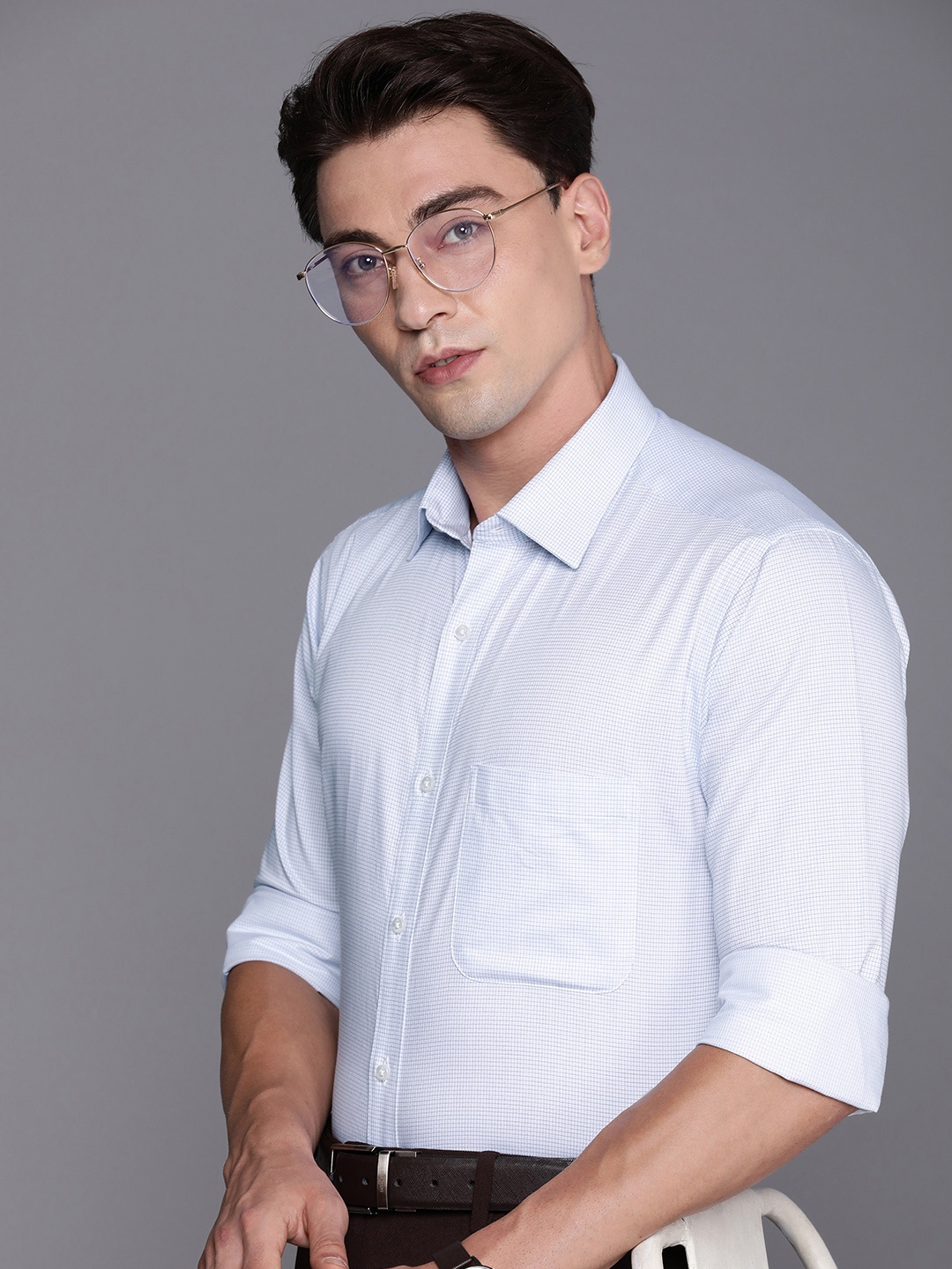 

Raymond Self Design Checked Slim Fit Pure Cotton Formal Shirt, Blue
