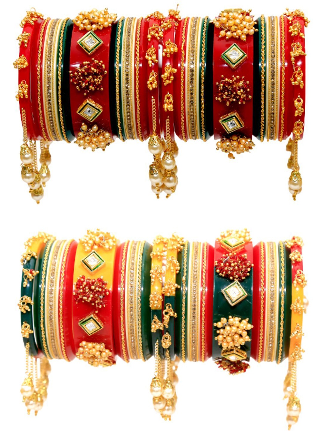 

Zindura Set Of 2 Gold-Plated Stone Studded & Beaded Chuda Bangles