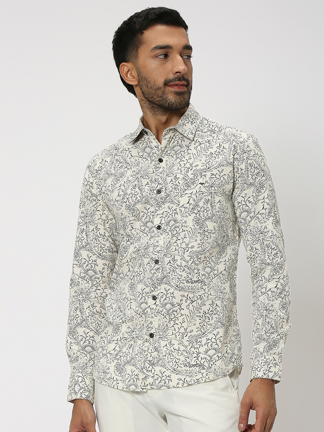 

Mufti Slim Fit Floral Printed Spread Collar Long Sleeve Cotton Casual Shirt, Off white