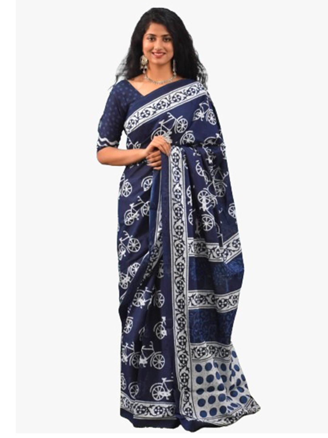 

TROPWEAR Blue Ethnic Motifs Pure Cotton Block Print Saree