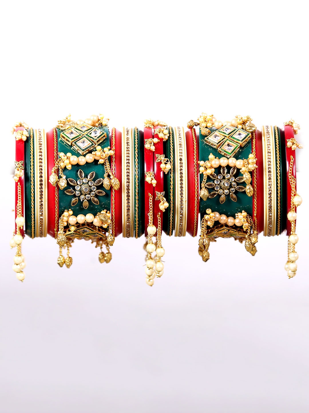 

Zindura Set Of 2 Gold-Plated Stone Studded & Pearl Beaded Chuda Bangles