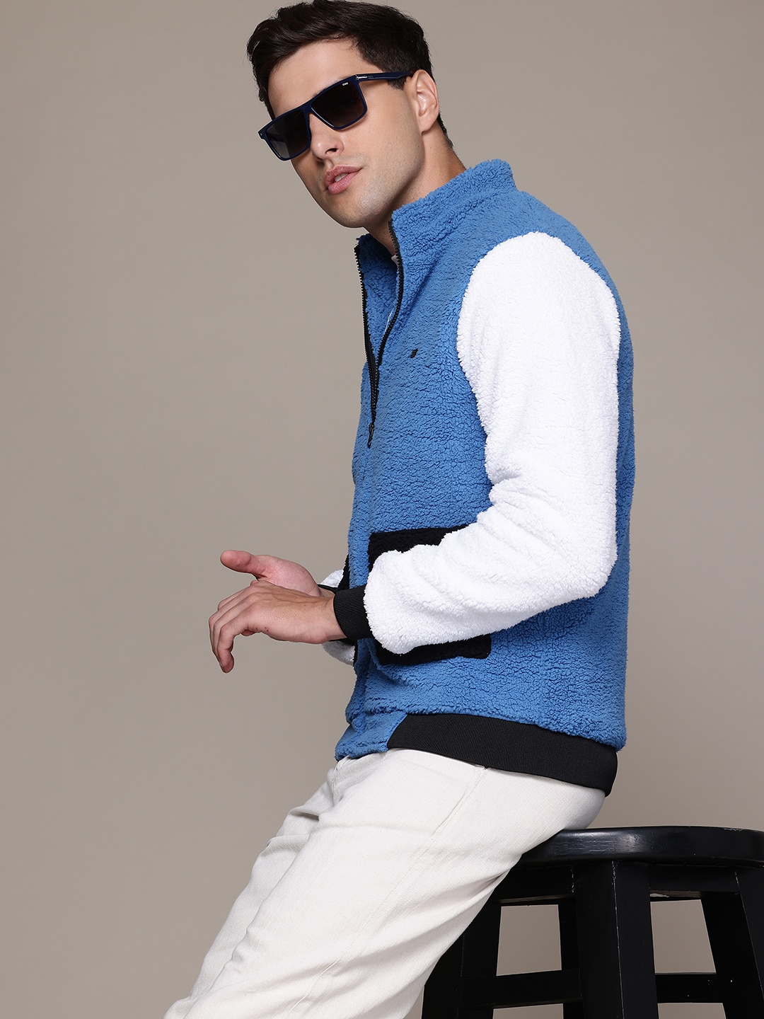 

The Roadster Lifestyle Co. Mock Collar Longline Tailored Jacket with Sherpa Detail, Blue