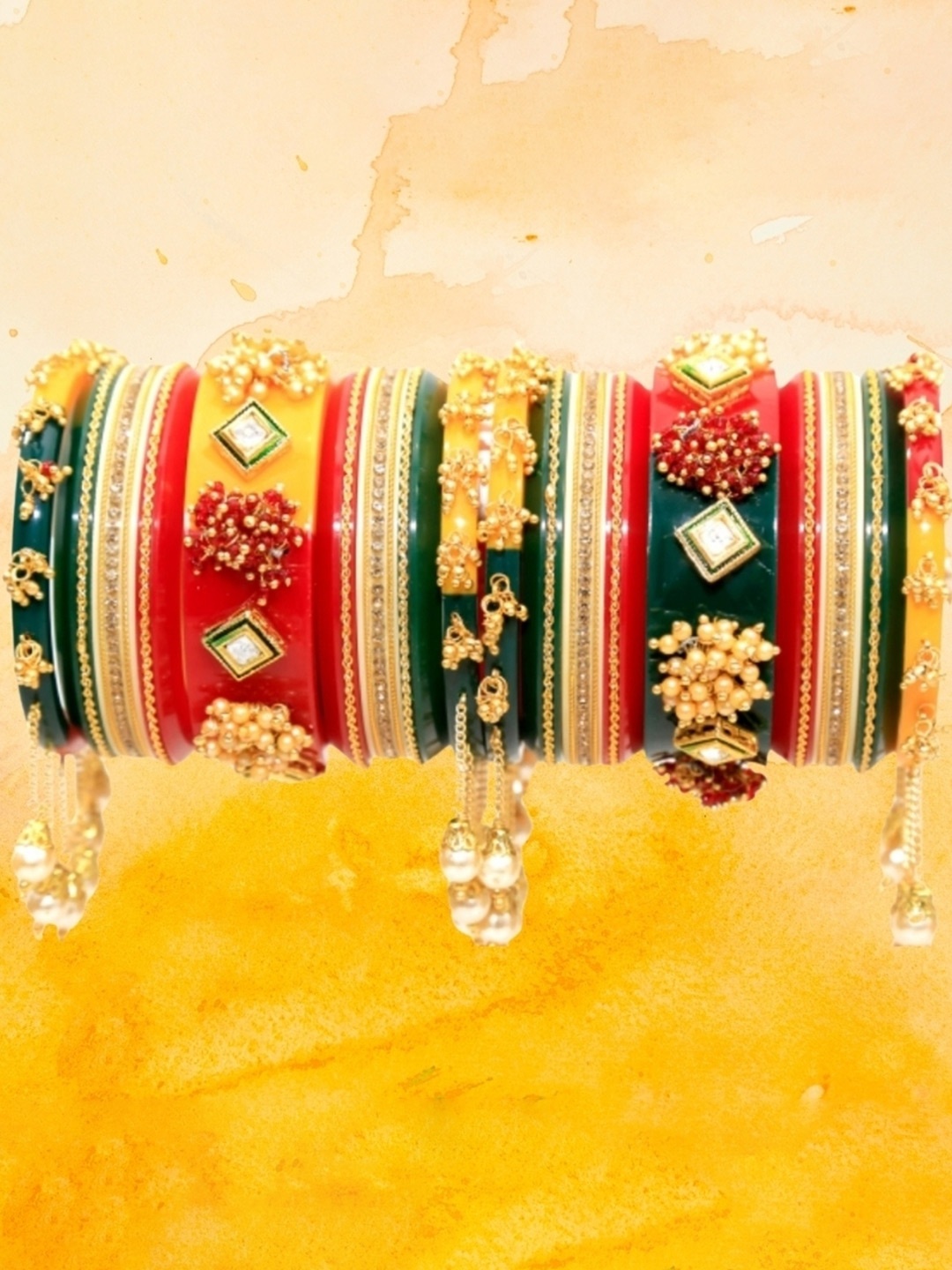 

Zindura Set Of 2 Gold-Plated Stone Studded & Pearls Beaded Chuda Bangles