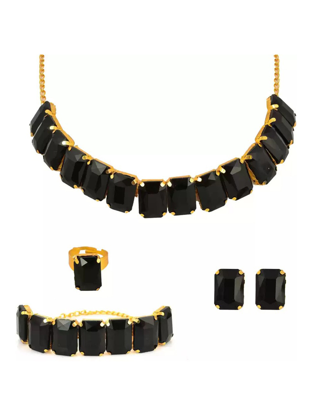 

JMBW INTERNATIONAL Gold-Plated CZ Necklace With Earrings & Bracelet With Ring, Black