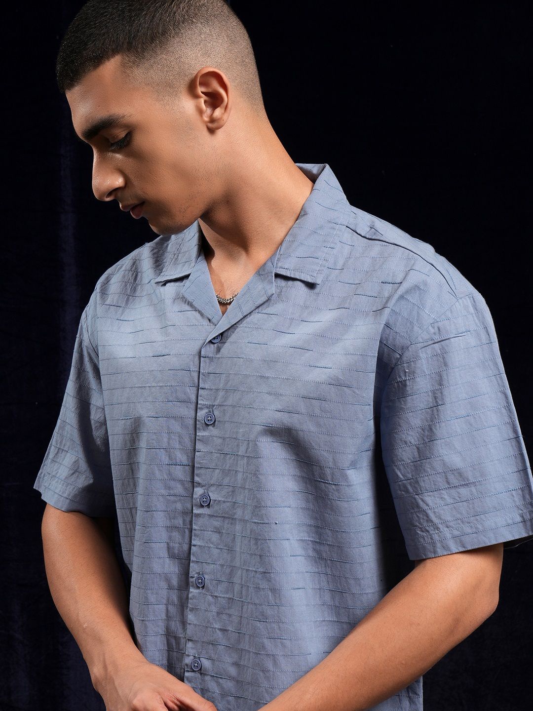 

HIGHLANDER Men Special Yarn Dobby Textured Solid Cuban Collar Relaxed Shirt, Blue