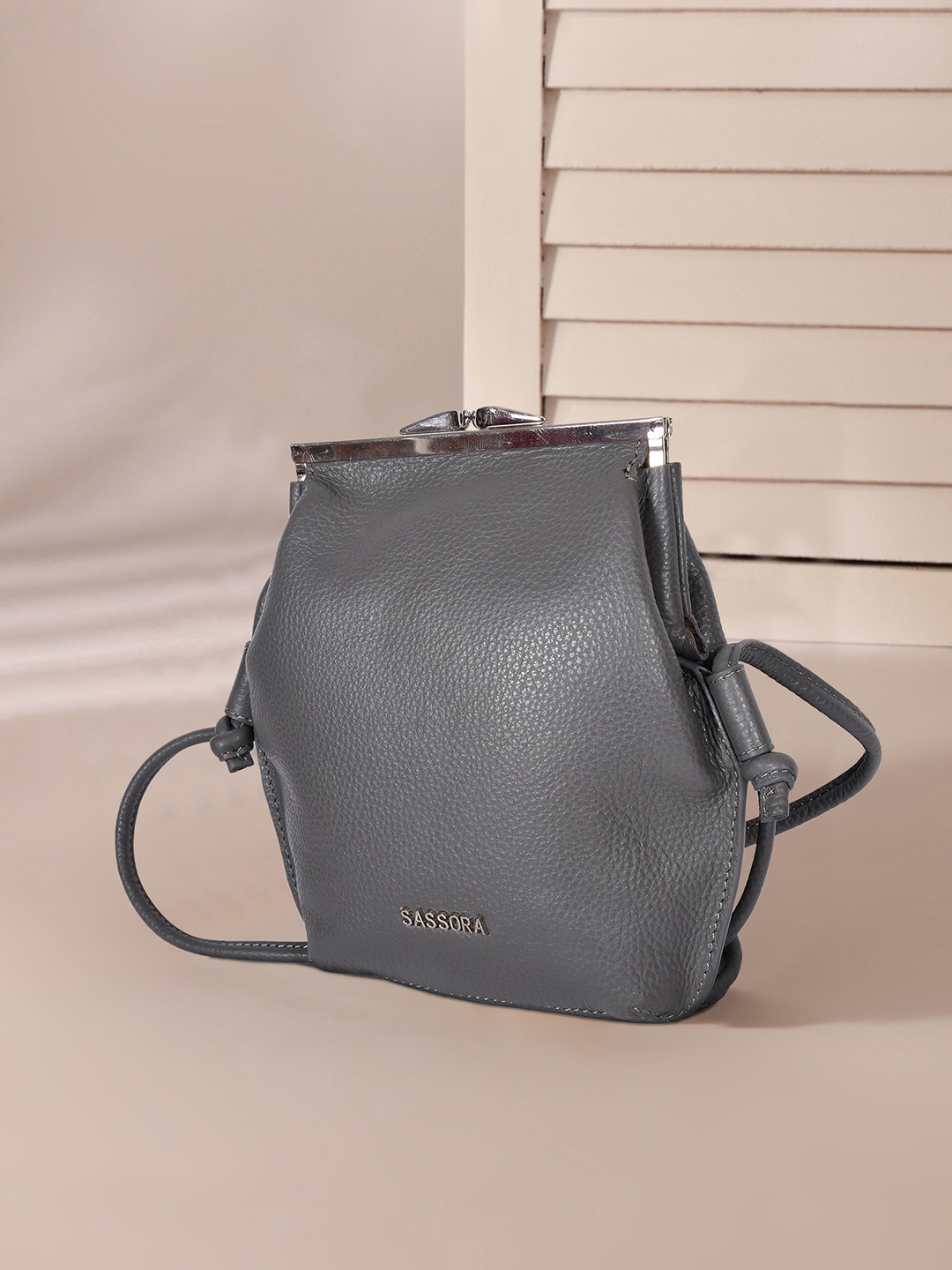 

Sassora Women Textured Structured Leather Sling Bag, Grey