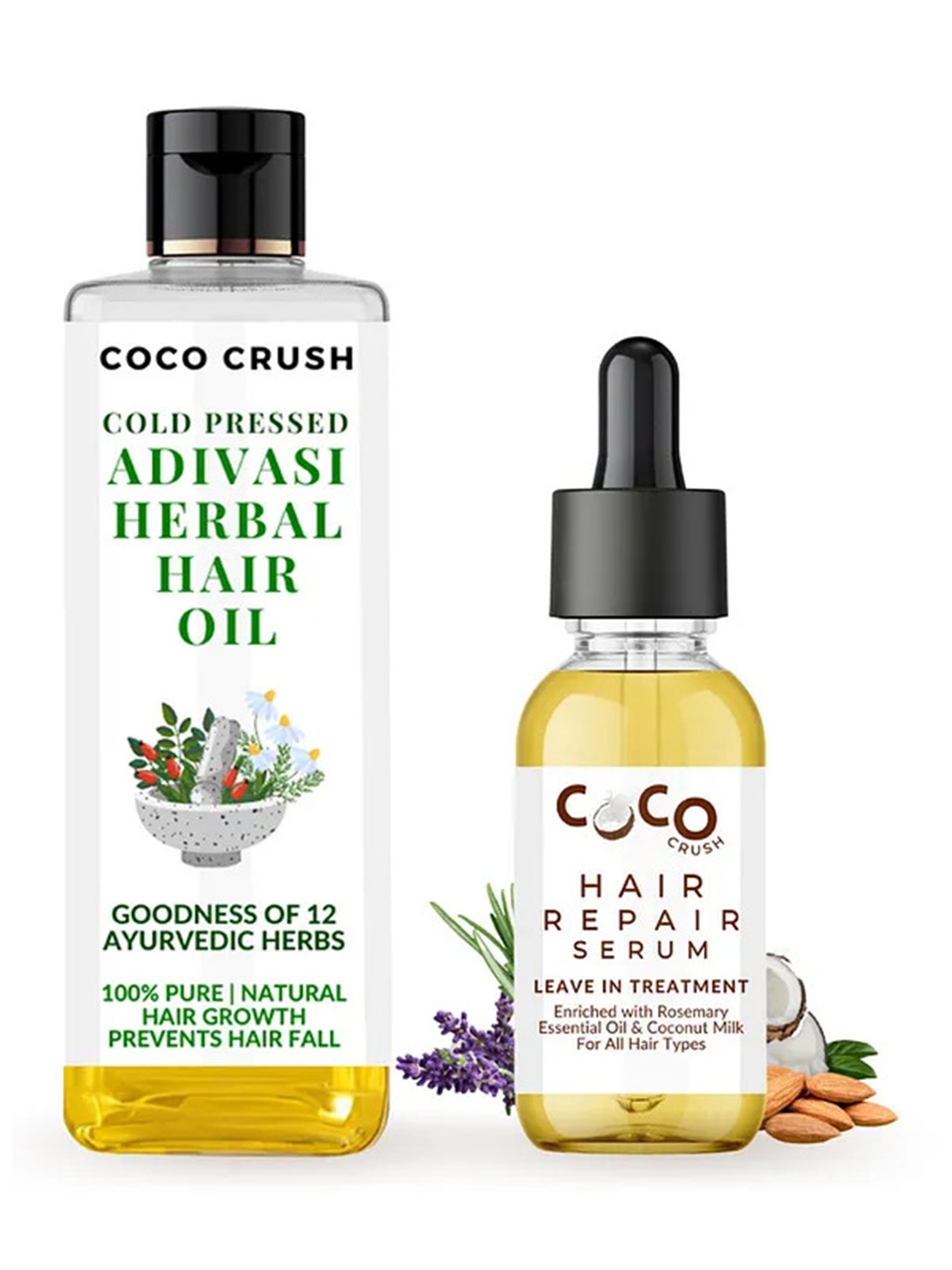 

Coco Crush Set Of 2 Cold Pressed Adivasi Herbal Hair Oil- 50ml & Hair Repair Serum- 15ml, Transparent