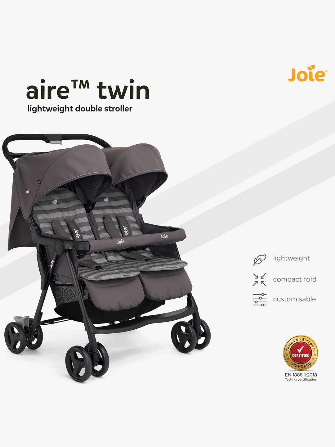 

Joie Kids Stroller With 5 Point Safety Harness & Reversible Handlebar Aire Twin, Grey