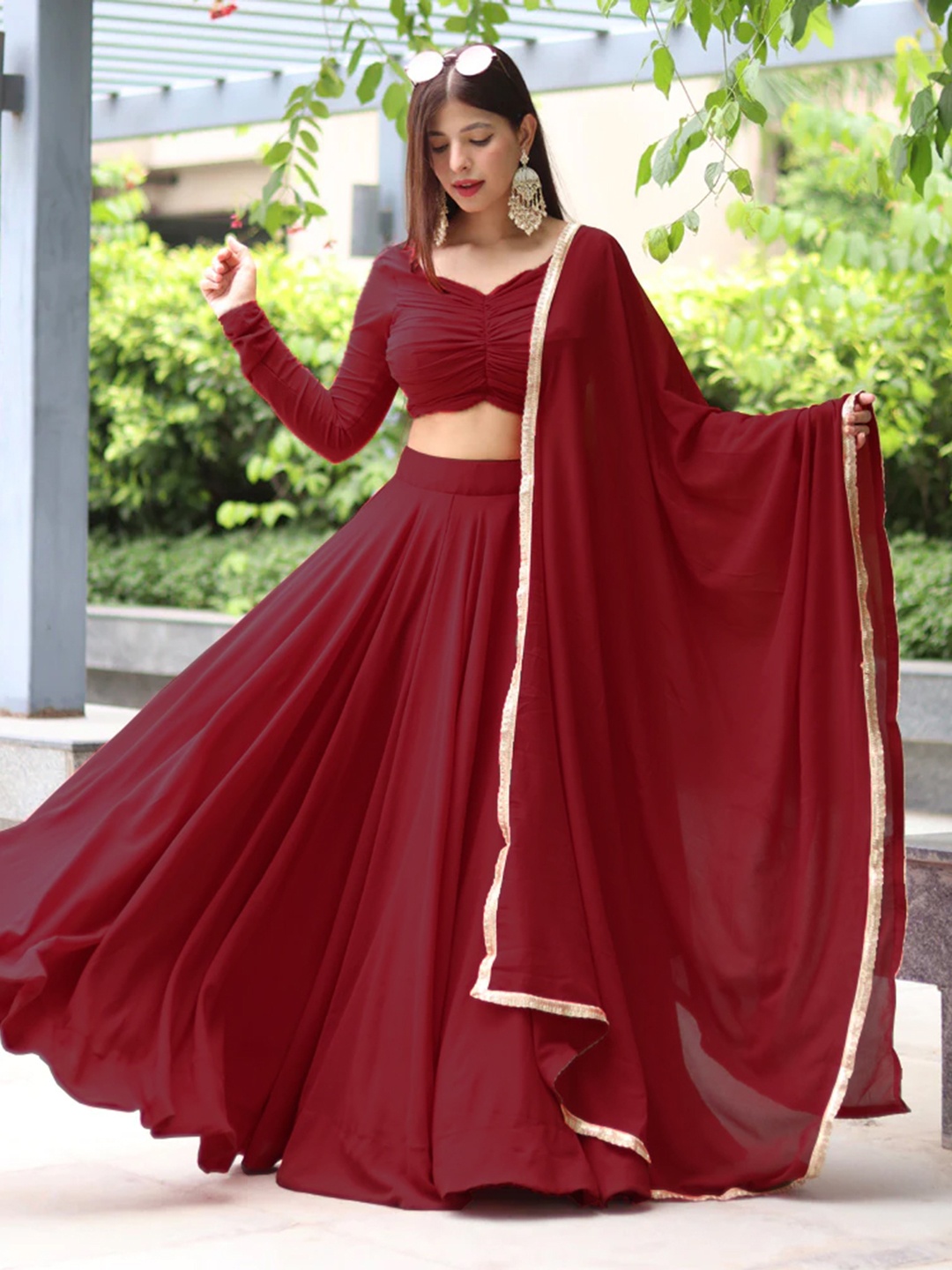 

KALINI Maroon & Gold-Toned Semi-Stitched Lehenga & Blouse With Dupatta