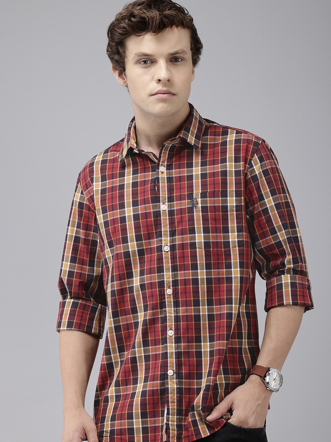 

U.S. Polo Assn. Pure Cotton Tailored Fit Checked Casual Shirt, Maroon
