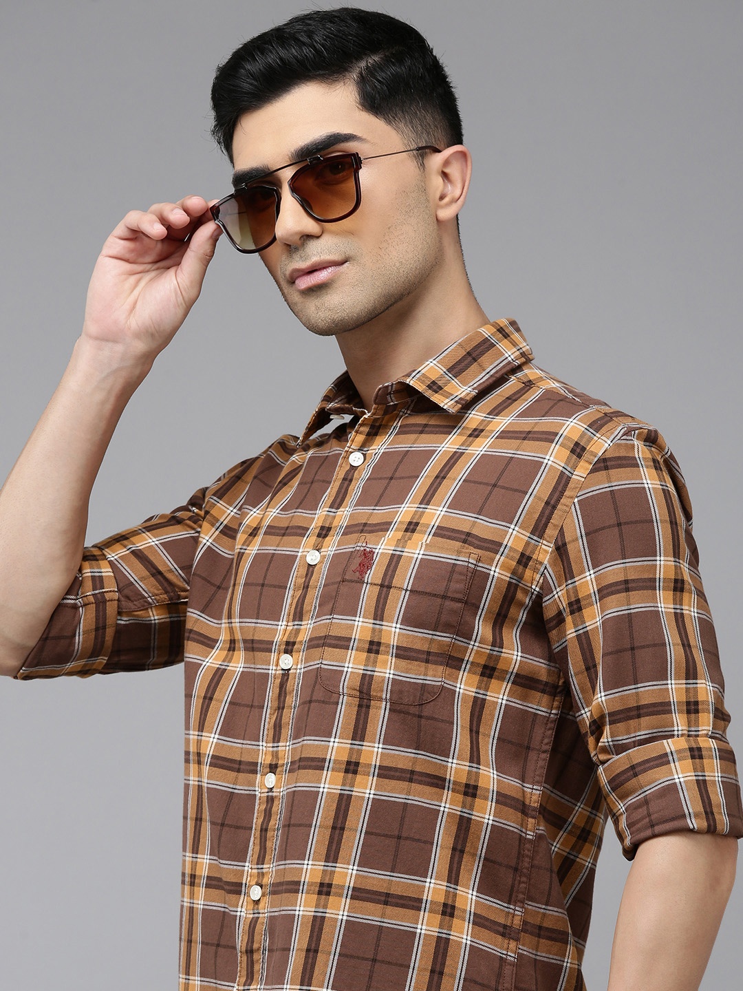 

U.S. Polo Assn. Denim Co. Slim Fit Checked Pure Cotton Casual Shirt, Brown