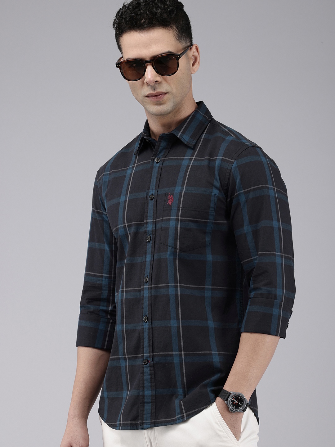

U.S. Polo Assn. Pure Cotton Tailored Fit Checked Casual Shirt, Navy blue