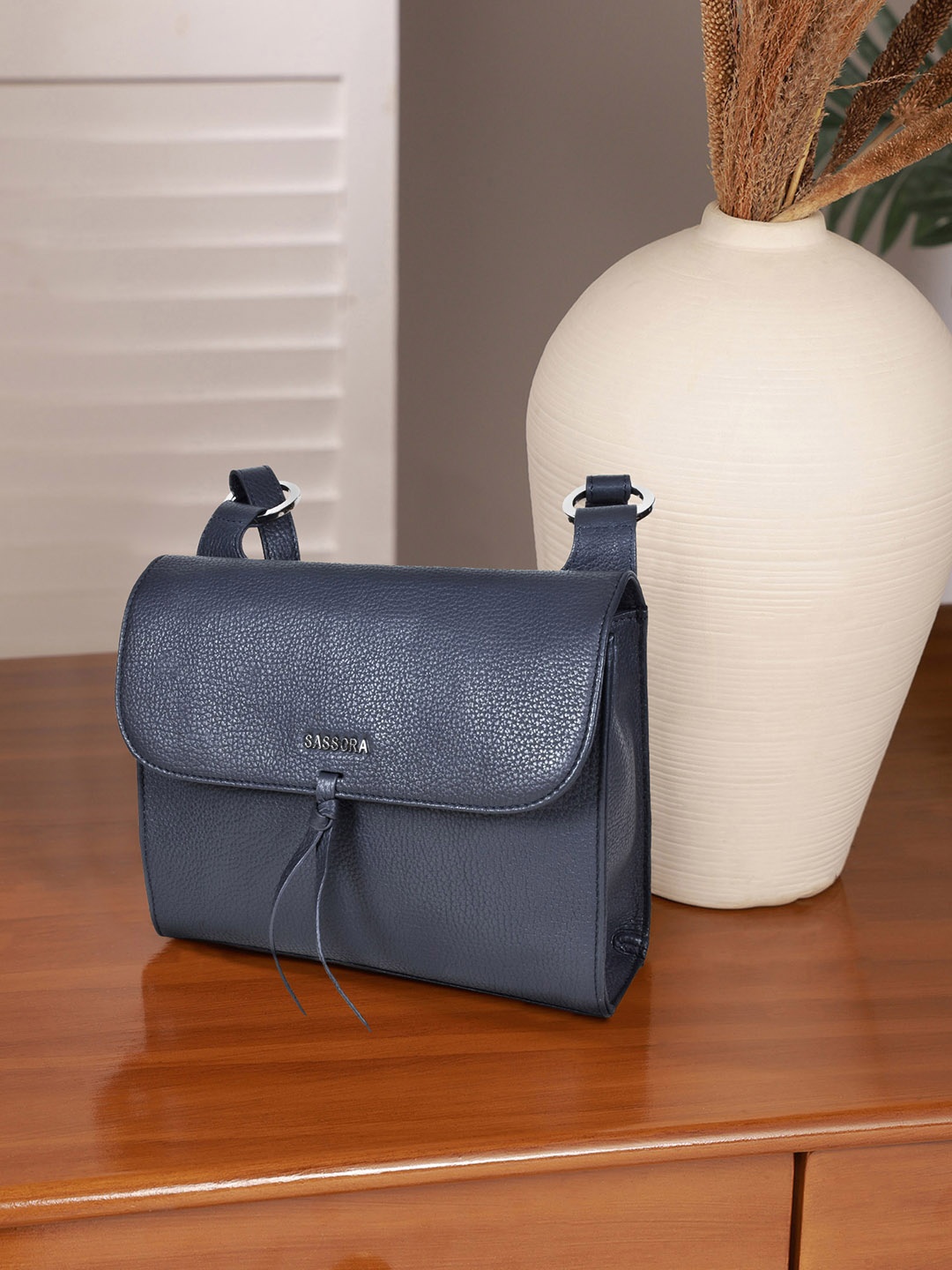 

Sassora Women Textured Structured Leather Sling Bag, Navy blue