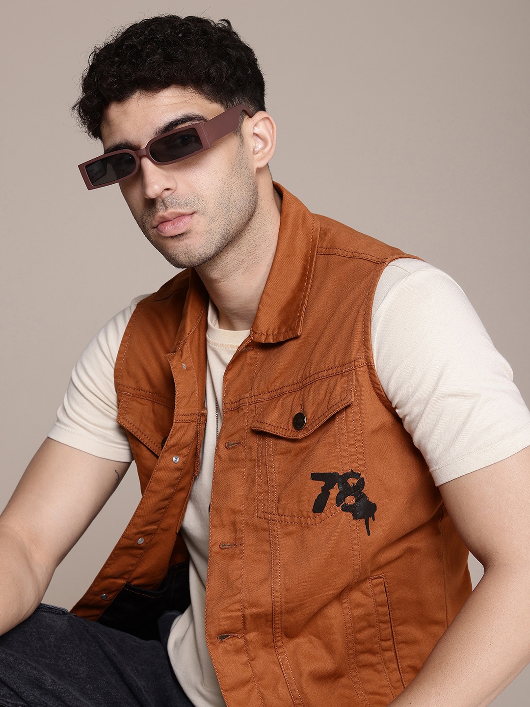 

The Roadster Life Co. Sleeveless Pure Cotton Tailored Jacket, Rust