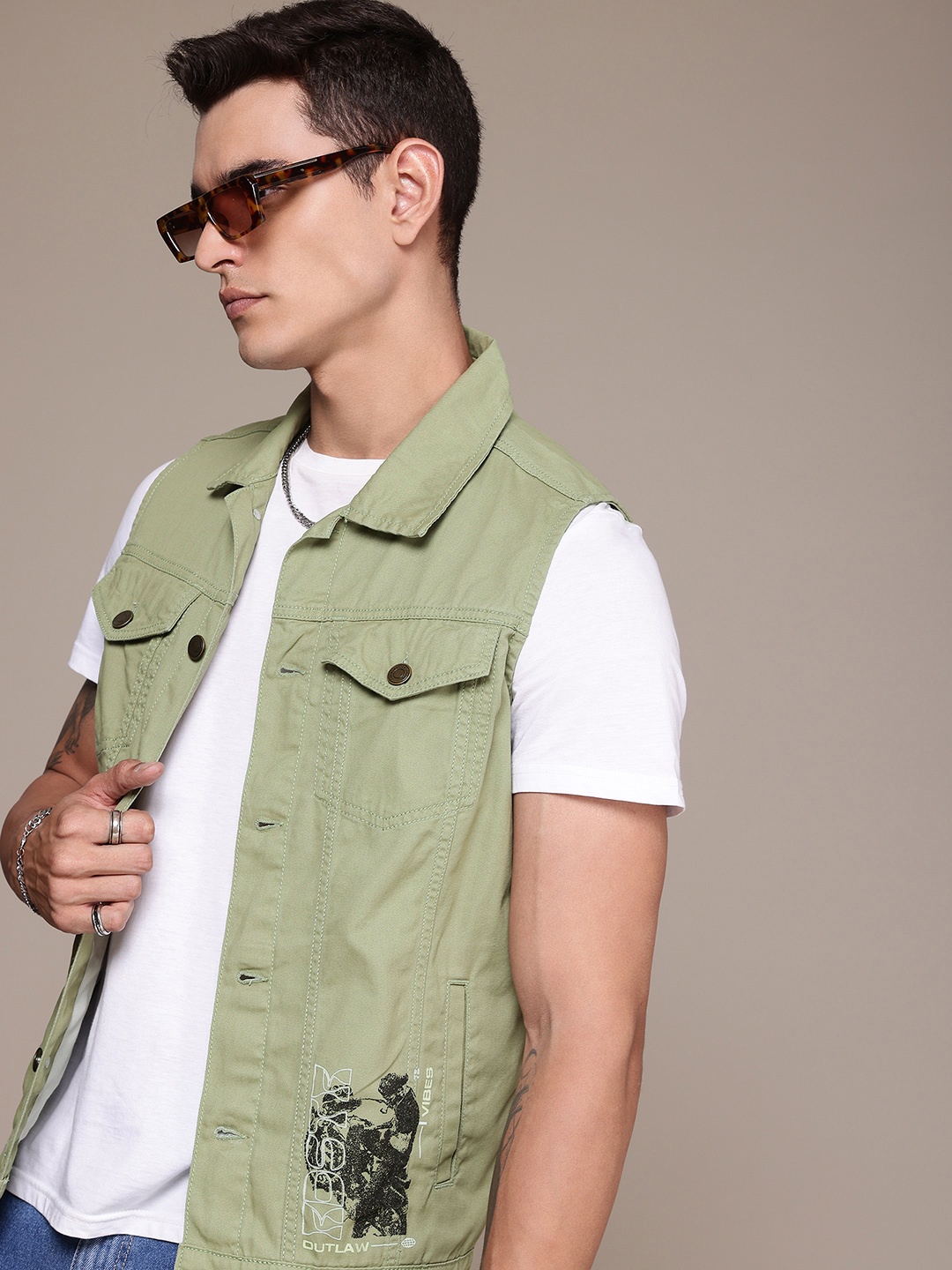 

The Roadster Life Co. Sleeveless Pure Cotton Tailored Jacket, Olive