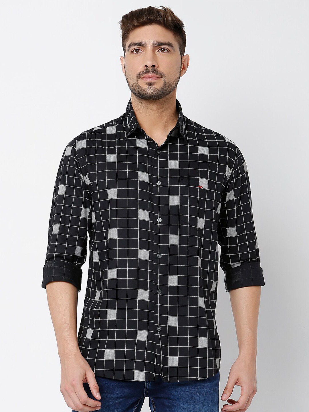 

Mufti Men Classic Slim Fit Windowpane Checks Casual Shirt, Black