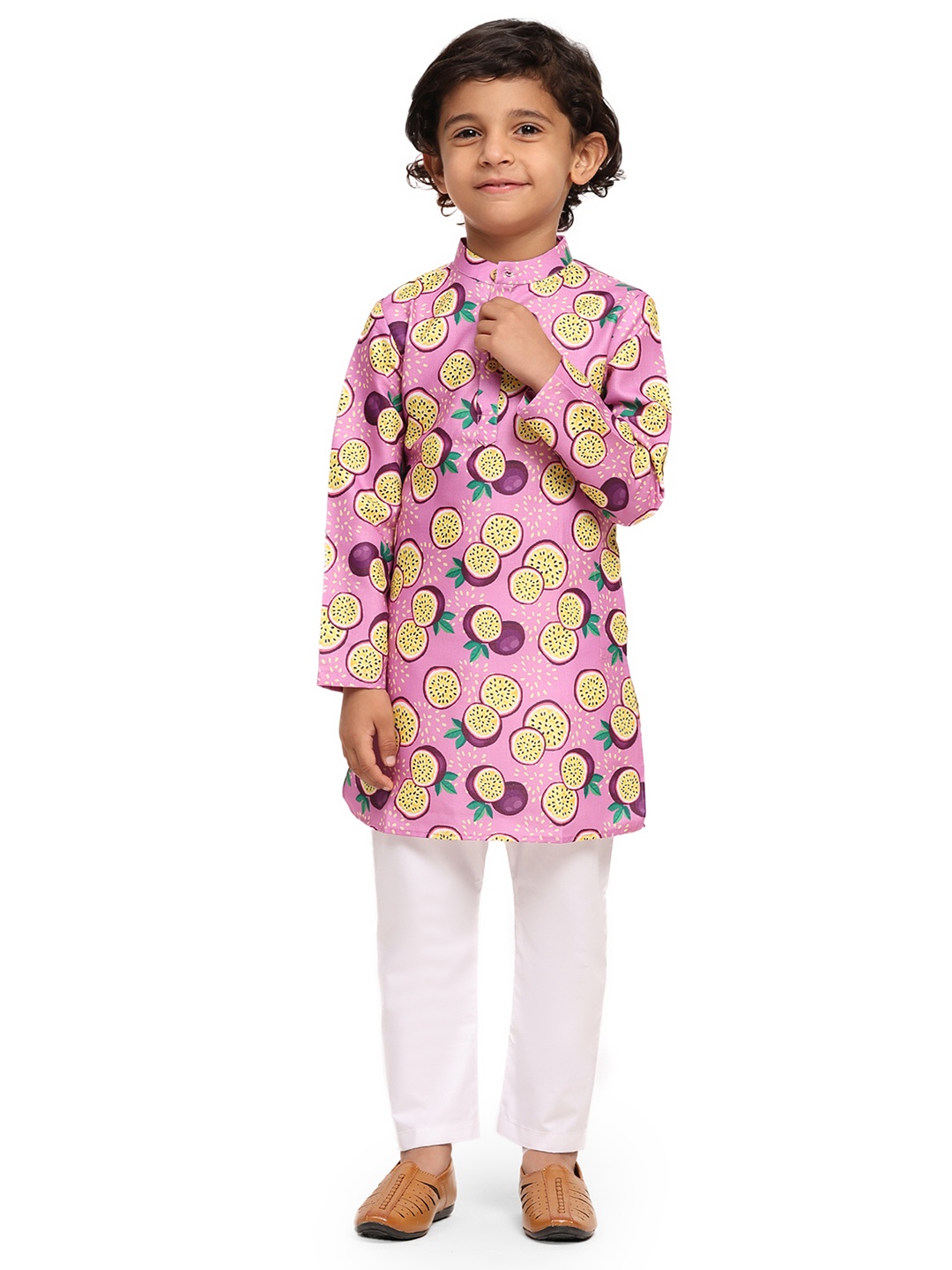 

Funny Bones Clothings Boys Passion Fruit Printed Linen Straight Kurta With Pyjamas, Lavender