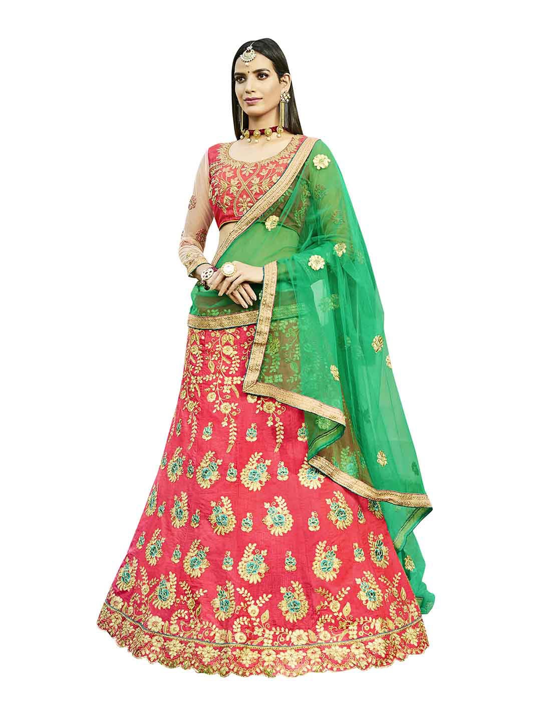 

MANVAA Pink & Green Embroidered Thread Work Semi-Stitched Lehenga & Unstitched Blouse With Dupatta