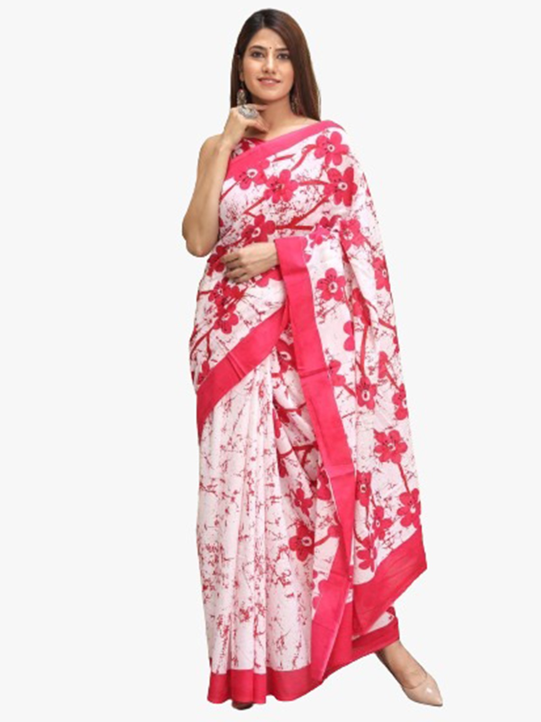 

JALTHER Ethnic Motifs Pure Cotton Block Print Saree, White
