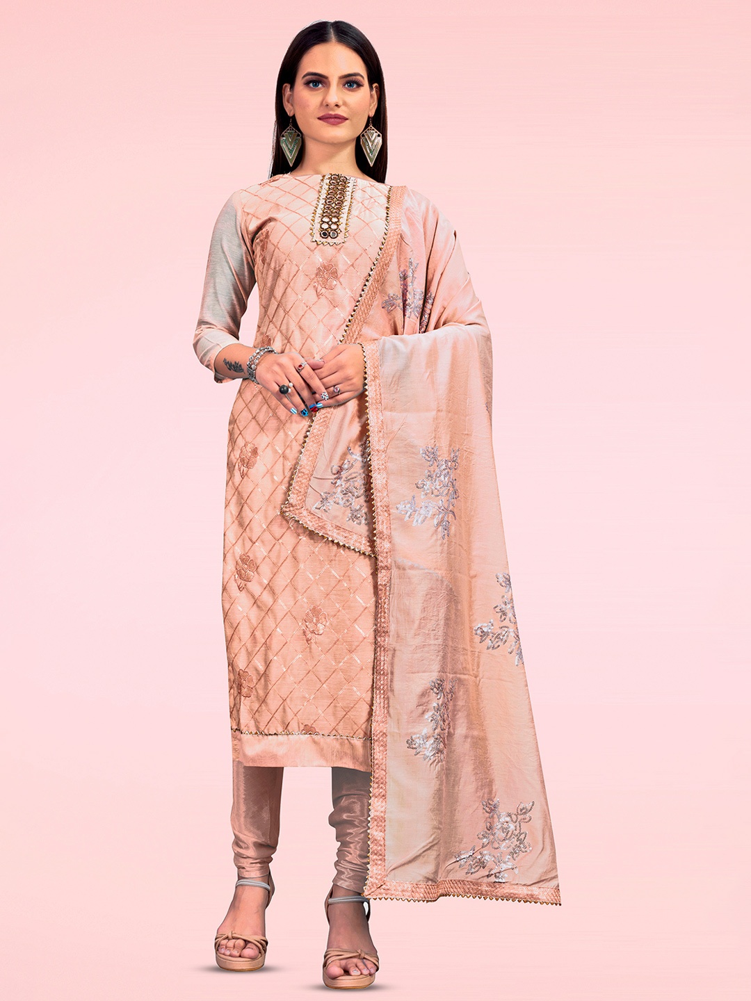 

Maroosh Floral Embroidered Sequinned Chanderi Unstitched Dress Material, Peach