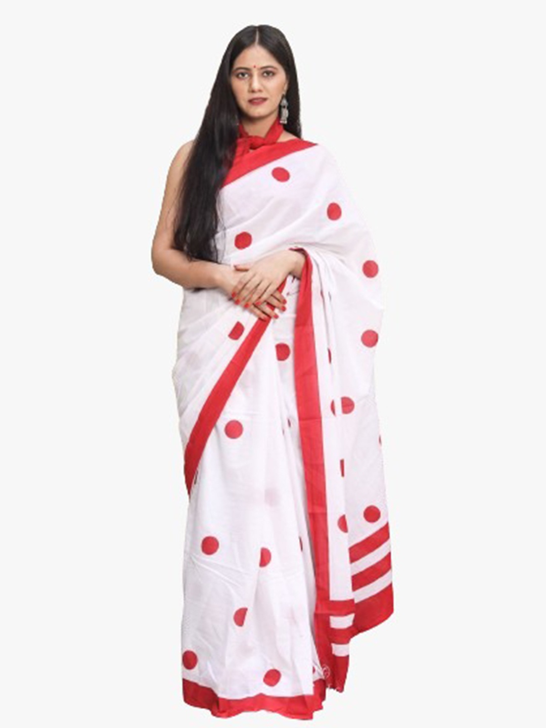 

KIAARON Polka Dot Pure Cotton Block Print Saree, White